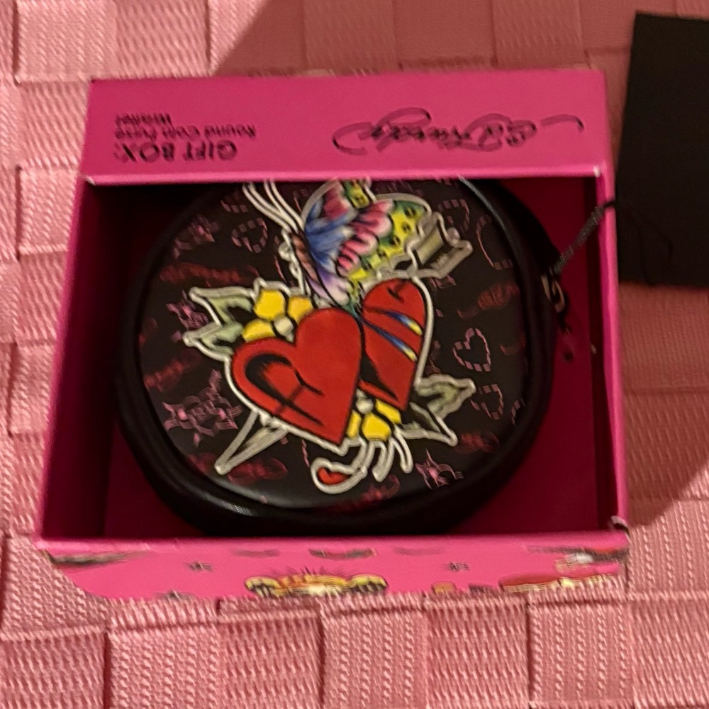 Ed Hardy Black and Red Heart ♥️ 🖤Round Butterfly Design Wristlet